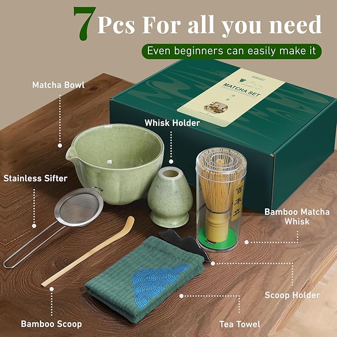Matcha Whisk Set,7 PCS Ceramic Matcha Kit Includes Matcha Bowl with Spout, Matcha Whisk and Holder, Bamboo Scoop, Stainless Sifter, Towel, Unique Gift for Matcha Lovers (Mottled Green)