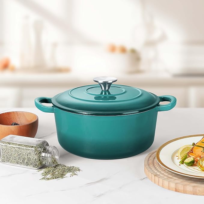 Herogo Enameled Cast Iron Dutch Oven with Lid, 3QT Heavy Duty Round Dutch Oven Pot with Dual Handles for Bread Baking Stewing Roasting, Nonstick & Easy Cleanup, Safe for Various Stovetops - Green