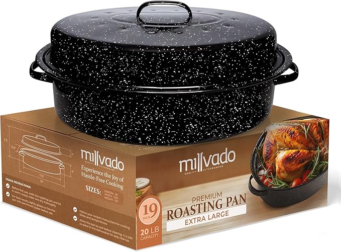 Roasting Pan With Lid, Thanksgiving Turkey Roaster Pan, Extra Large 20 lb Capacity, 19" Granite Oven Roaster Oval Shaped Speckled Enamel on Steel Cookware