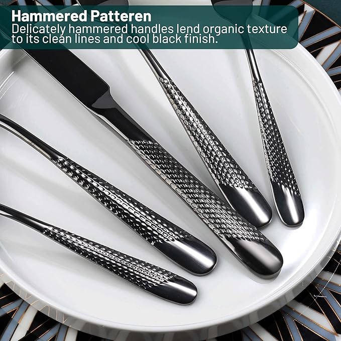 Silverware Set, 30 Pieces Black Hammered Flatware Set for 6, Mirror Polished Stainless Steel Cutlery Set for Home, Kitchen, Restaurant and Hotel, Dishwasher Safe