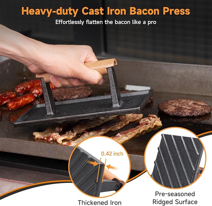 SHINESTAR Bacon Press, 8" × 4" Cast Iron Grill Press for Blackstone Griddle, Ideal for Bacon, Burger, Panini, Pre-Seasoned, Indoor and Outdoor Cooking, Rectangle