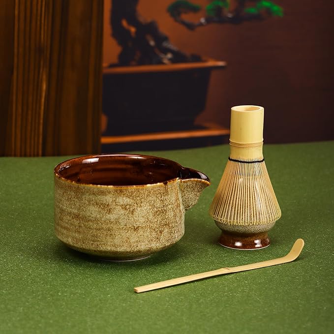 Matcha Tea Set 4 Pcs, JapaneseTraditional Ceramic Bowl, Bamboo Whisk (Chasen), Scoop (Chashaku), Holder (brown)