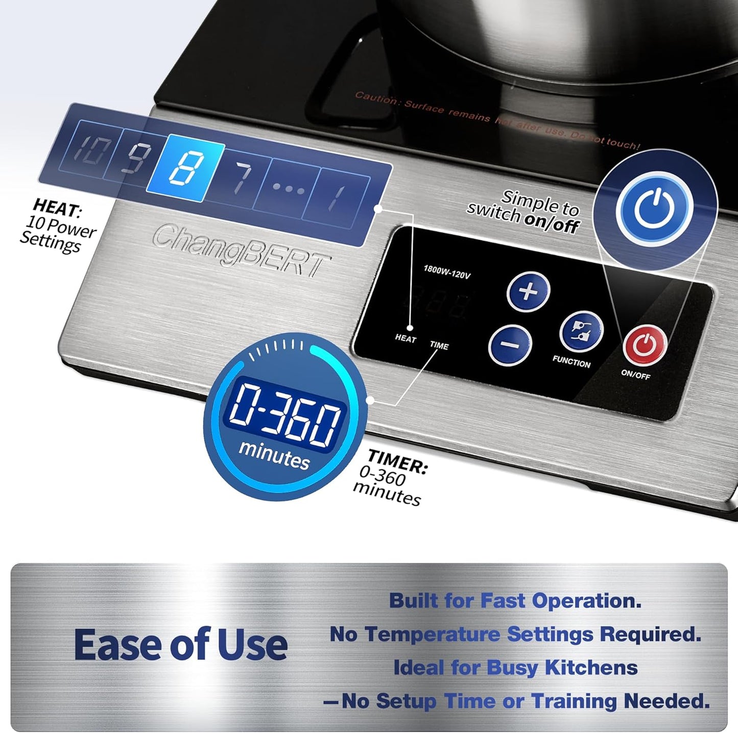 ChangBERT 1800W Commercial Grade Induction Cooktop, NSF Certified Portable Large 8" Heating Coil, 12" Heat Resistant Cooking Surface Premium Stainless Steel Pro Chef Professional Burner Hot Plate