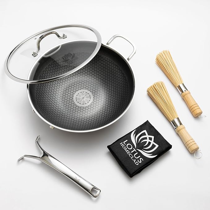 Hybrid Wok Pan, 12-Inch Woks & Stir-Fry Pans Nonstick, Stainless Steel Cookware, Induction Wok With Lid, PFOA Free, Dishwasher Safe Cooking Pan For All Cooktops, Bonus Bamboo Dish Brush