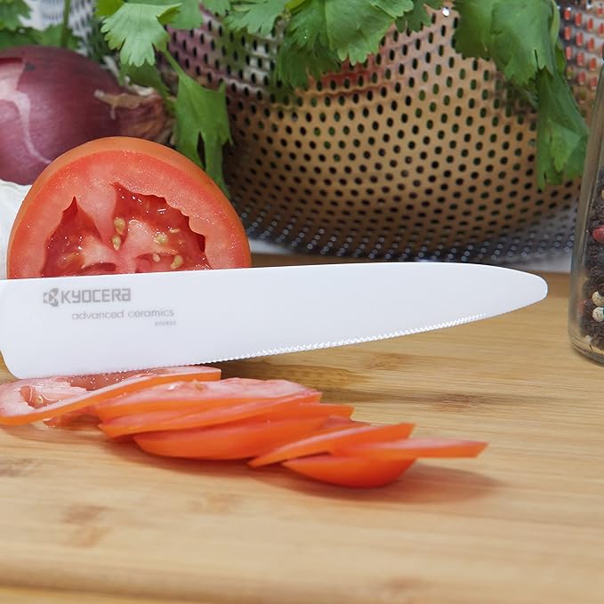 Kyocera 3-Piece Ceramic Knife Set: Includes 6-inch Chef's Knife, 5-inch Micro Serrated Knife, and 3-inch Paring Knife - Red Handles with White Blades