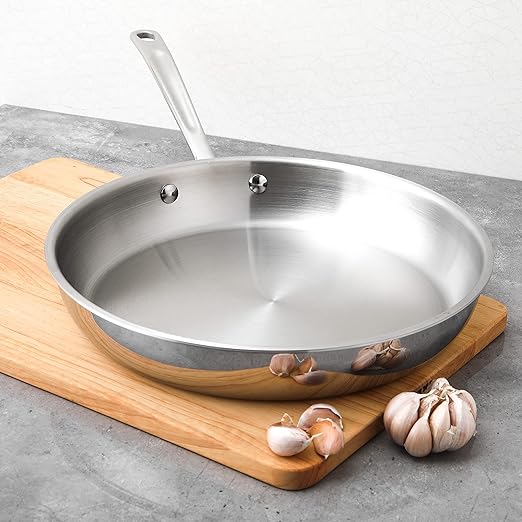 Amazon Basics Tri-Ply Stainless Steel Fry Pan, 12 inch, Silver (Previously AmazonCommercial brand)