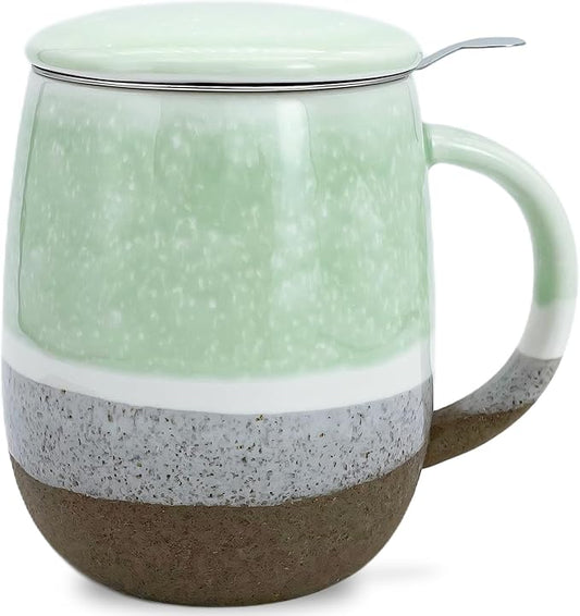 13.5 OZ Reactive Glaze Tea Infuser Cup, Loose Leaf Tea Cup with strainer and lid, Porcelain Mug with Infuser Basket for Microwave & Dishwasher Safe, Green