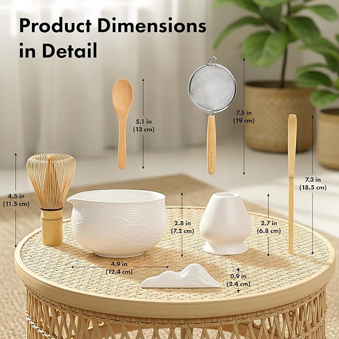 Matcha Kit Whisk Set (7 Pcs) - Complete Matcha Set, Matcha Bowl with with Bowl, Whisk and Holder, Bamboo Spoon/Scoop, Scoop Rester and Sifter incl. Booklet