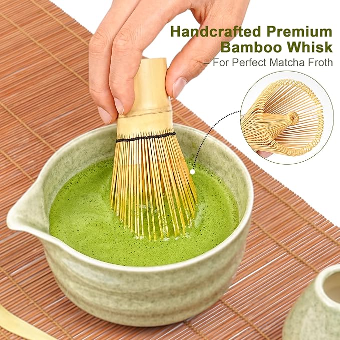Matcha Whisk Set - 5Pcs Japanese Tea Set Includes Matcha Bowl with Spout, Bamboo Whisk with Holder, Scoop & Sifter, Essential Matcha Kit for Tea Ceremony, Gift for Beginners (Speckled Green)