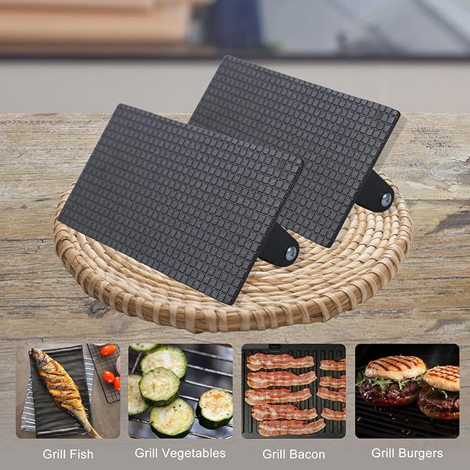 HTB Heavy-Duty Cast Iron Barbecue Press, Wood Handle Meat Steak Smash for Juicy Crispy Burgers on BBQ, Griddle, Camping Rectangle (Checked Pattern 088S)