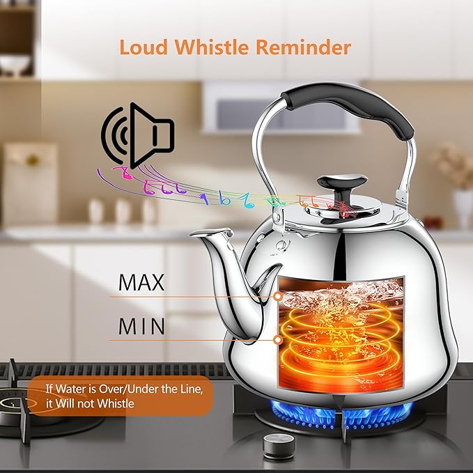 2L Whistling Stovetop Tea Kettle - Food Grade Stainless Steel Teapot with Fast Boil, Wide Mouth, Anti-Scalding Handle, Ideal for Stove Top – Perfect for Tea, Coffee & Hot Water
