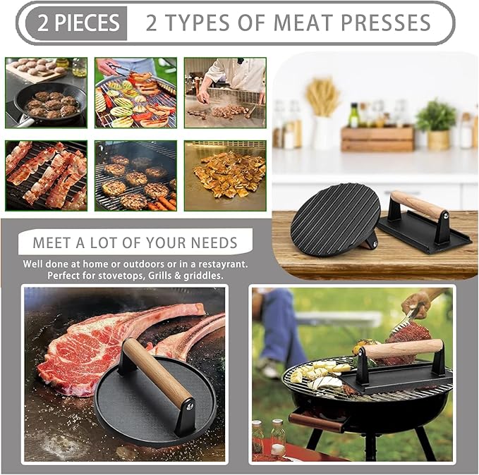 Smash Burger Press Kit 56 Pcs,7.9 Inch Cast iron hamburger smasher tool,Burger Smasher,Wood Handle Grill Press with and Griddle Accessories,Barbecues and Tailgates