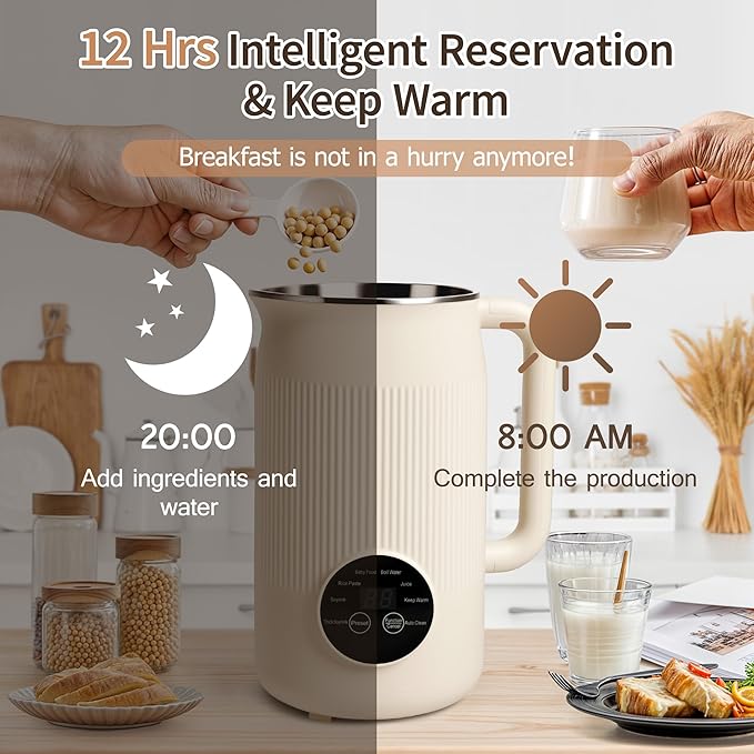8 in 1 Nut Milk Maker Blender, 40OZ Homemade Almond, Soy, Oat, Coconut, Yogurt and Non Dairy Beverages, Automatic Soybean Blender Machine with Delay Setting, Keep Warm, Self-Cleaning, Boiling