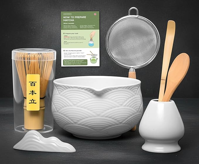 Matcha Kit Whisk Set (7 Pcs) - Complete Matcha Set, Matcha Bowl with with Bowl, Whisk and Holder, Bamboo Spoon/Scoop, Scoop Rester and Sifter incl. Booklet