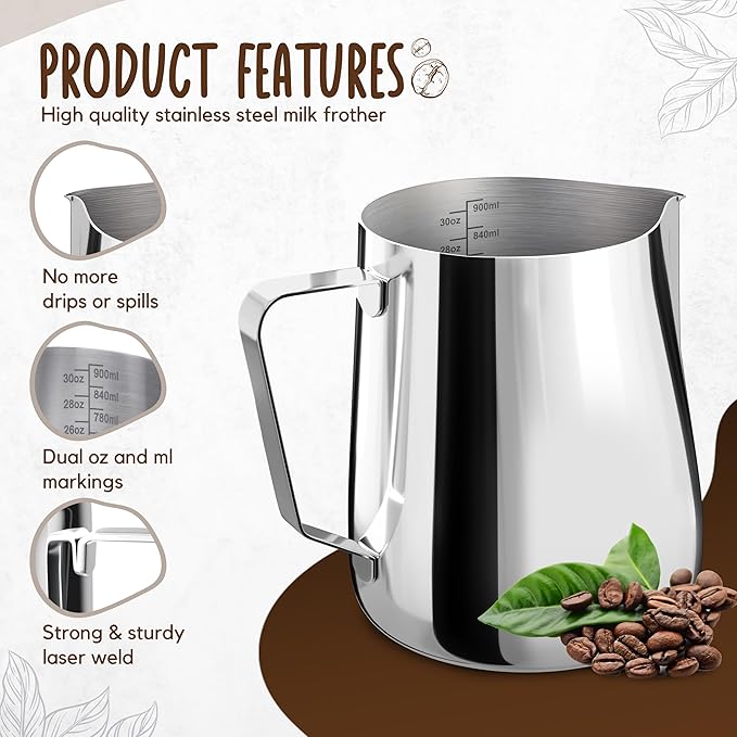 Milk Frothing Pitcher, 20OZ (600ml)– Stainless-Steel Milk Frother Cup with Latte Art Pen– Measurement on Both Sides– Rust-Resistant Frothing Pitcher for Milk, Cappuccino 20OZ (600ml)