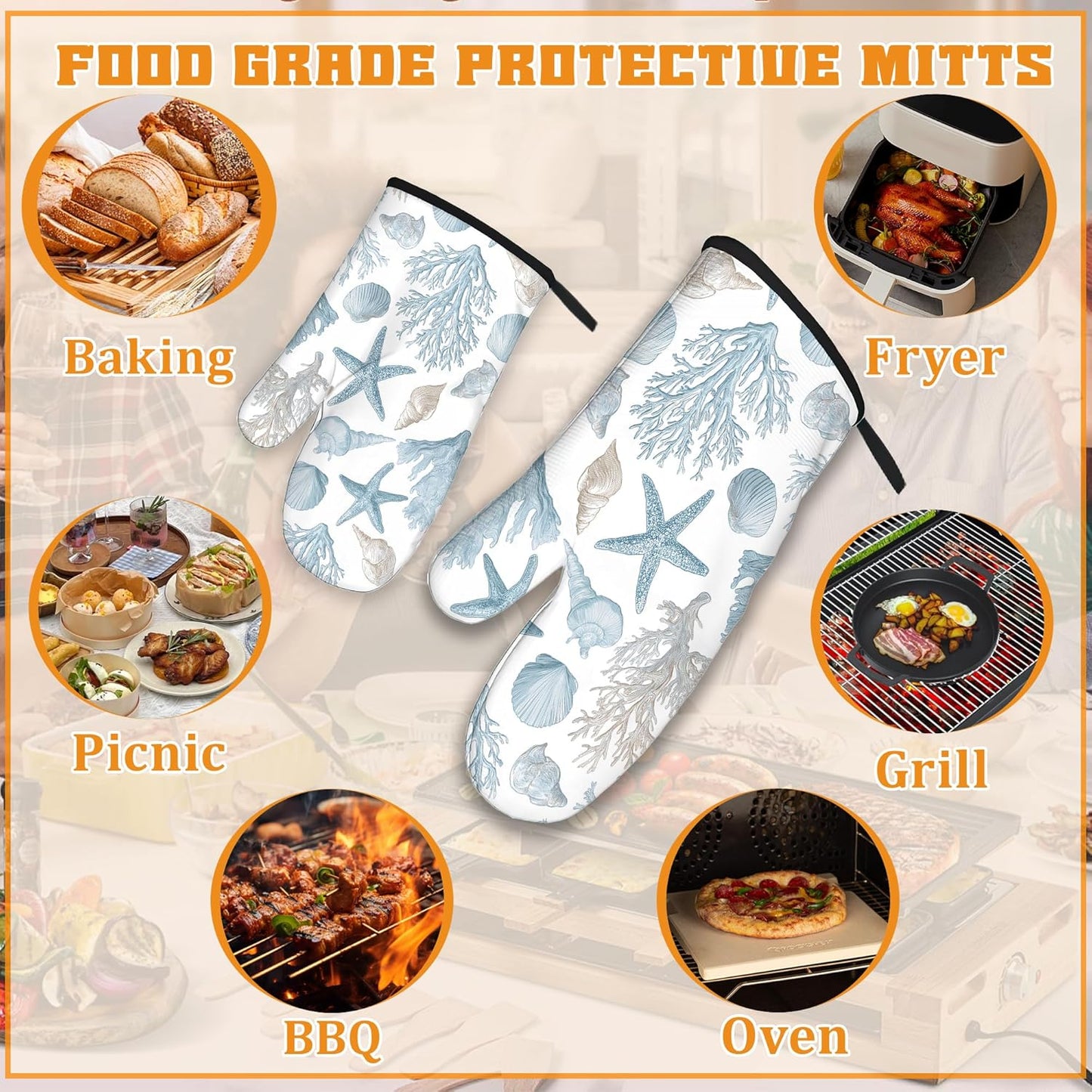 Starfish Oven Mitts and Pot Holders Set,Coral Shell Kitchen Oven Gloves and Pot Holder with Heat Resistant Non Slip for Cooking Baking Grilling(4 Piece Set)
