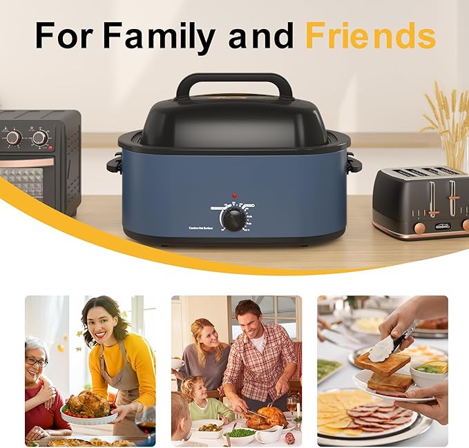 RoyalCraft 24-Quart Electric Roaster Oven with Visible Self-Basting Lid, Turkey Roaster Oven with Removable Pan and Rack, Perfect for Large Meals and Holiday Feasts, Blue