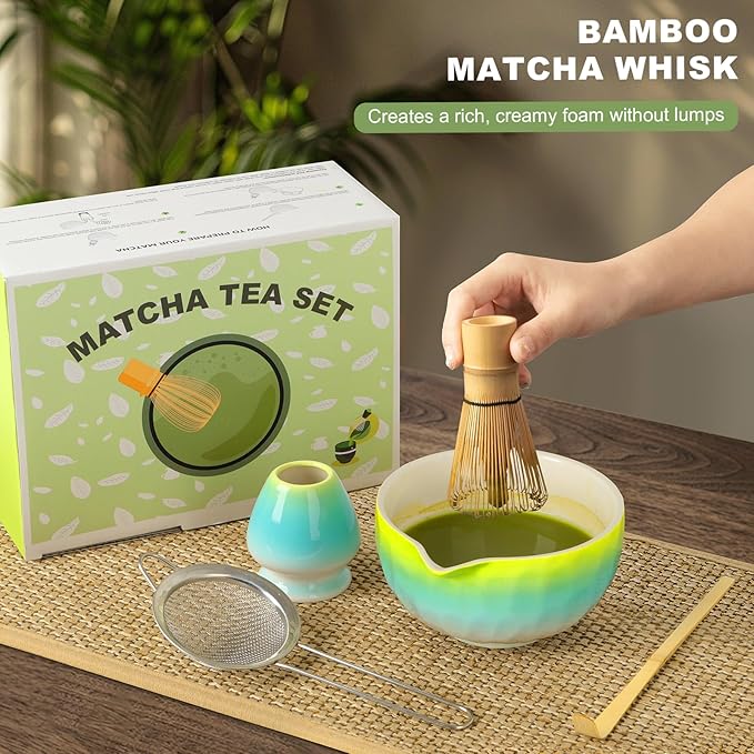 Matcha Set,5 Pcs Matcha Whisk Set Includes Bowl with Spout, Whisk,Holder,Bamboo Scoop and Sifter- Matcha Kit for Making Breakfast/Latte,Gift for Lovers（Gradient）
