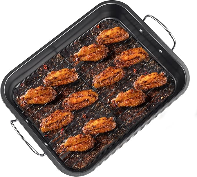 Kitcom Nonstick Roasting Pan with Rack, 16 Inch x 11.5 Inch Rectangular Roaster Set for Roasting Turkey, Chicken, Meat and Veggies, Gray