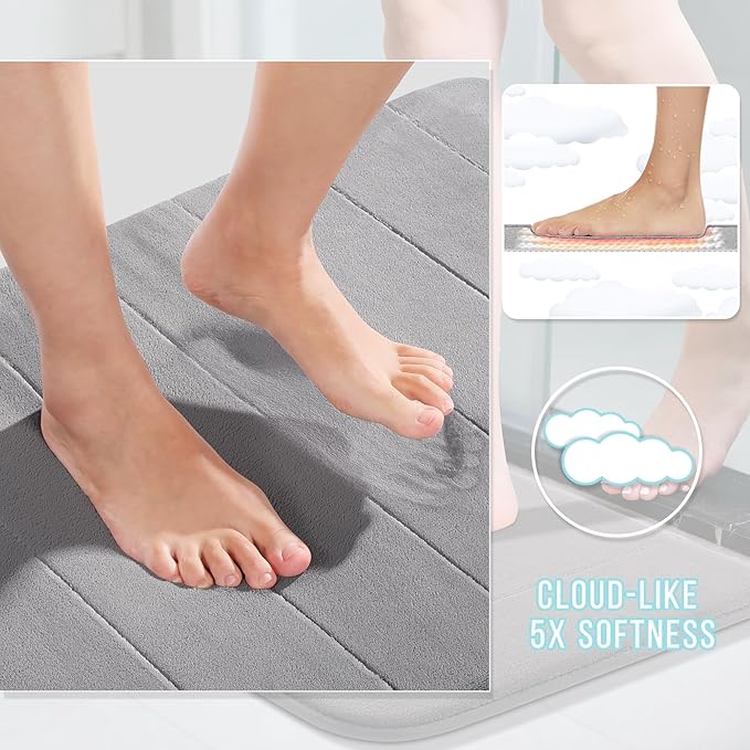 Yimobra Memory Foam Bath Mat, Super Soft Absorbent Bathroom Rug Non Slip 24x17 Inch, Quick Dry, Machine Washable Floor Carpet for Tub Shower, Home Decor Accessories, Gray