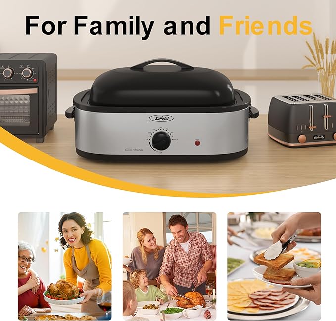 14-Quart Electric Roaster Oven with Self-Basting Lid, Turkey Roaster Oven with Removable Pan and Rack, Stainless Steel, Sliver, 14 QT