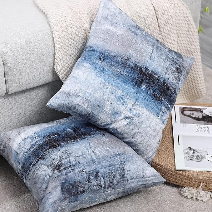 Blue and Grey Throw Pillow Cover Pack of 2, Abstract Art Gallery Modern Decorative Cushion Cover for Bedroom Sofa Living Room(16 x 16 Inch,Blue and Grey)