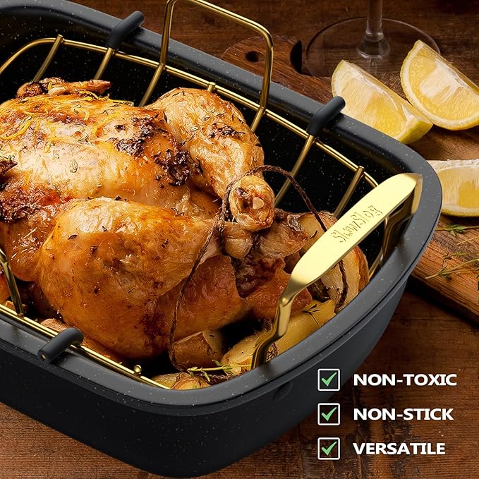 Turkey Roasting Pan, 17x13 Inch Nonstick Roaster with Removable Rack, Turkey Baster, Meat Thermometer, Turkey Brine Bags, Roaster Pan for Roasting Turkey, Meat & Vegetables (Black&Gold)