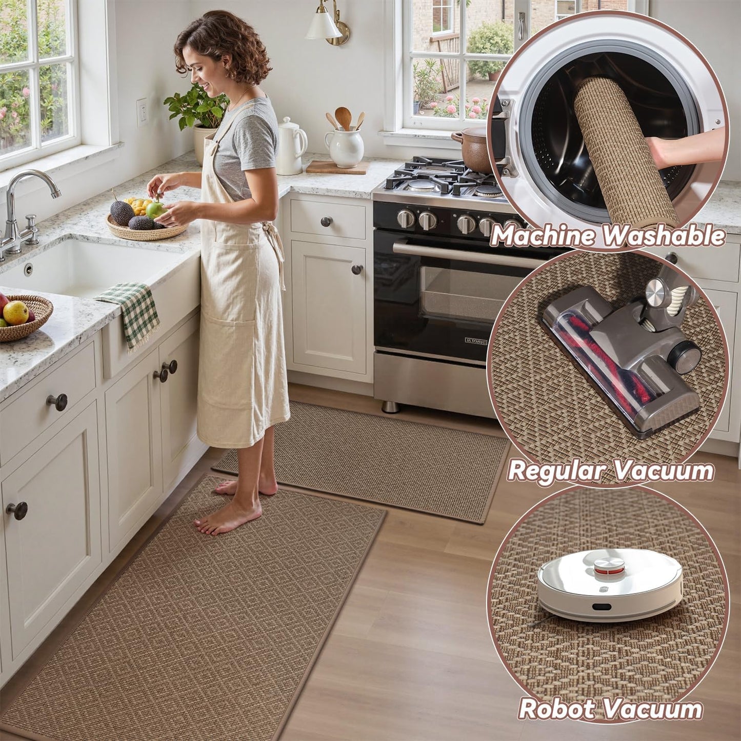PADOOR Kitchen Floor Mat, Rubber Backed Kitchen Rugs Non Slip Washable, Super Absorbent Kitchen Mats for Floor Front of Sink, 20"x32" Brown