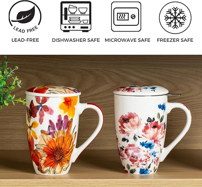 GBHOME Tea Mug with Infuser and Lid, 18 Ounce Large Ceramic Loose Leaf Cup, Microwave, Dishwasher Safe Steeping Mug, Pefect For Tea Lover