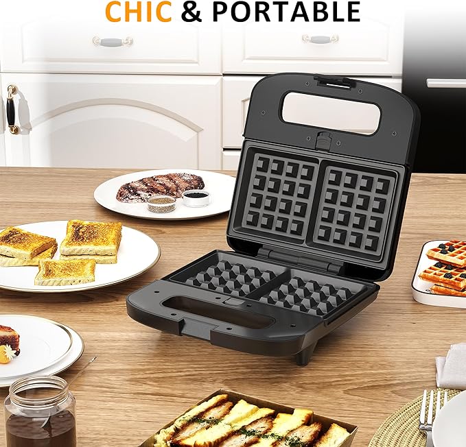 Sunvivi 3 in 1 Electric Sandwich Maker: Panini Press Grill and Waffle Iron Set, Grill and Sandwich Press with Removable Non-Stick Plates, Indicator Lights & Cool Touch Handle, 800W, Silver 1