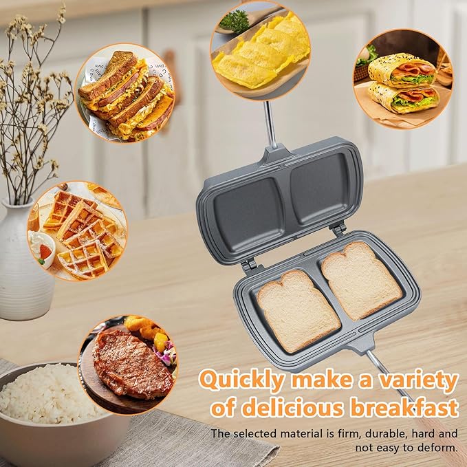 Qivine Breakfast Sandwich Maker, Double-Side Hot Dog Toaster, Nonstick Sandwich Baking Pan Hot Dog Bun Pan, Campfire Sandwich Maker With Removable Handle for Breakfast Pancakes, Toast, Omelets