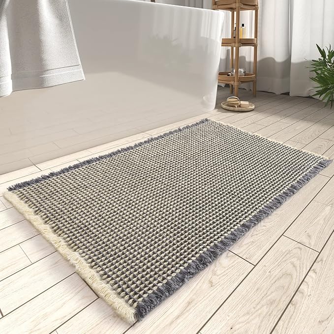 AMOAMI Upgraded Waffle Bath Mat, Super Absorbent Non Slip Bath Mats for Bathroom Floor, Machine Washable Bathroom Rugs with Tassels, Rubber Backed Bathroom Mats, Ultra Soft, 17" x 24"