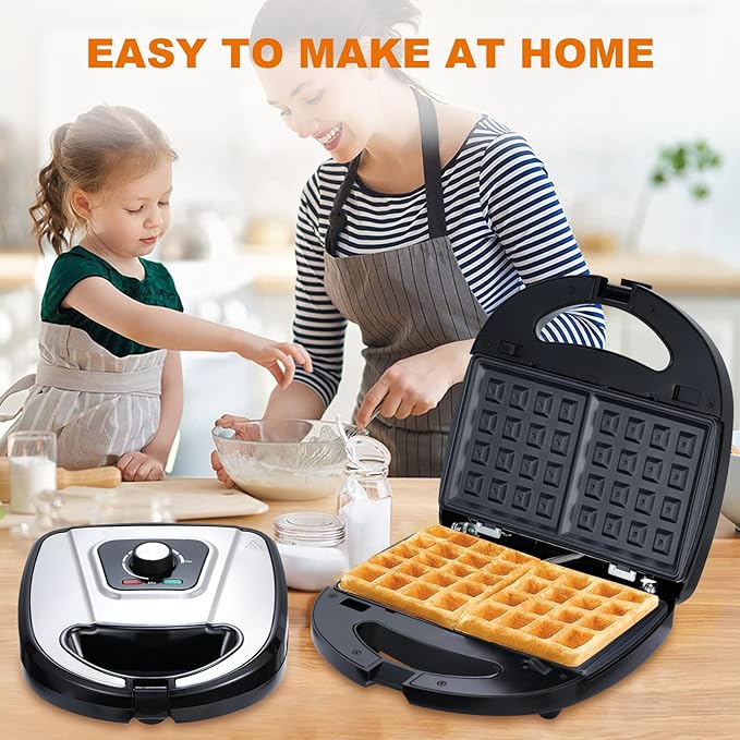 3-in-1 Mini Waffle Maker with Non-Stick Plates, Electric Sandwich Maker, Mini Donut Maker, Breakfast Sandwich Maker Press with Removable Plates, Compact Design & Adjustable Temperature Knob