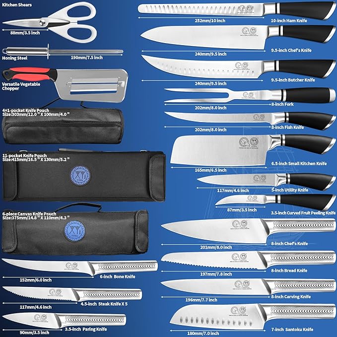 XYJ Kitchen Knife Set with Bag, Sharpening Stick, Gloves, Scissors, Stainless Steel Paring Steak Slicing Carving Santoku Bread Chef Knife Kit, Vegetable Slicer Peeler, Meat Fork, Ergonomic Handle