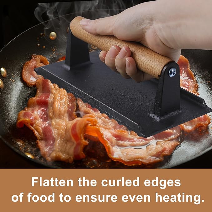 HTB Heavy-Duty Cast Iron Barbecue Press, Wood Handle Meat Steak Smash for Juicy Crispy Burgers on BBQ, Griddle, Camping Rectangle (Checked Pattern 088S)