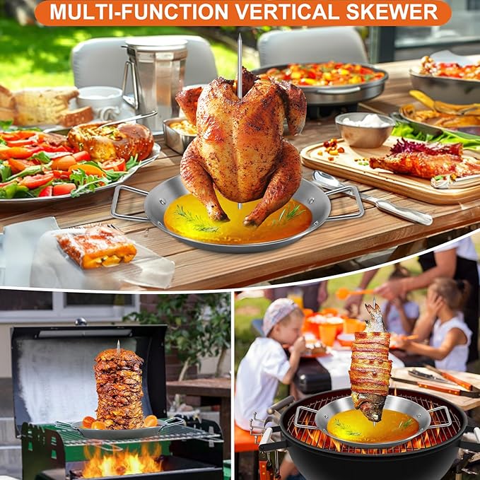 Al Pastor Skewer for Grill, Stainless Steel Vertical Skewer, Brazilian Vertical Spit with 5 Spikes(6"/8”/10"/12”/14")& Brushes, for Tacos Al Pastor, Shawarma Kebabs Smoker Oven BBQ Dishes