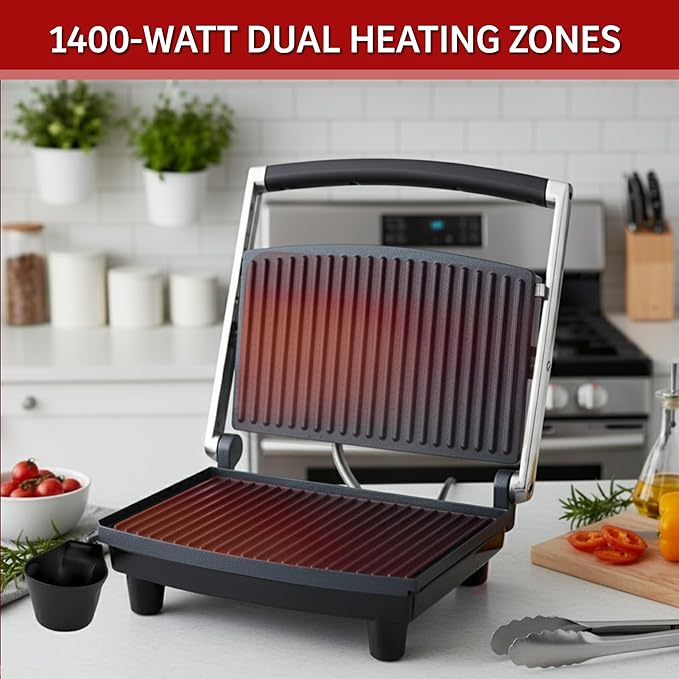 Panini Press Gourmet Grilled Cheese and Sandwich Maker - Electric Indoor Grill with Drip Tray for Healthy Cooking Options by Chef Buddy (Silver)