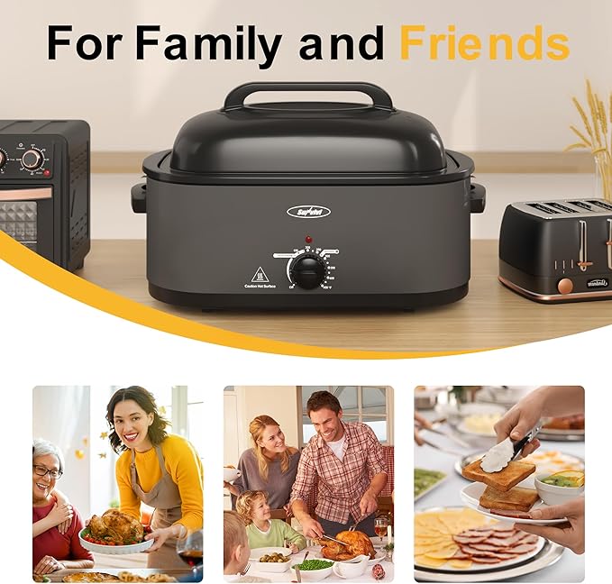 Roaster Oven, Electric Roaster Oven with Viewing Lid, Large Roaster with Removable Pan & Rack, Turkey Roaster with Unique Defrost/Warm Function, Stainless Steel, Grey, 26QT