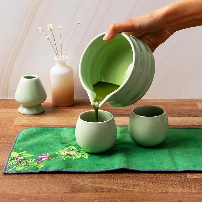 Matcha Whisk Set- Matcha Set includes Matcha Whisk and Bowl (Bowl with Spout), Sifter, Holder and Scoop- The Perfect Bamboo Whisk for Matcha Tea (Green- 7PC)