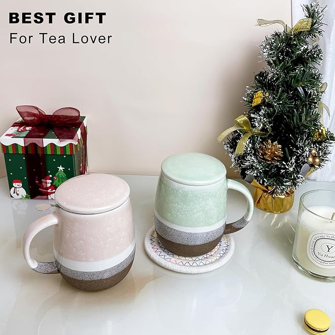 13.5 OZ Reactive Glaze Tea Infuser Cup, Loose Leaf Tea Cup with strainer and lid, Porcelain Mug with Infuser Basket for Microwave & Dishwasher Safe, Green