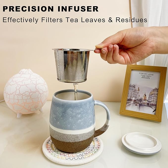 13.5 OZ Reactive Glaze Tea Cup with Infuser and Lid, Porcelain Tea Infuser Mug, Single Brewing Teacups for Loose Leaf, Microwave & Dishwasher Safe, Pale Blue