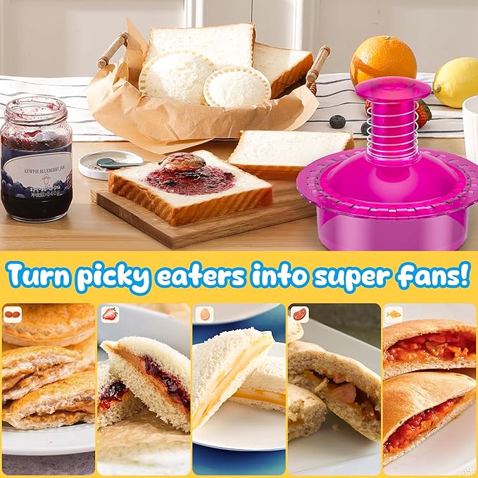 Sandwich Cutter and Sealer Cut and Seal Sandwich Maker, Crustless Peanut Butter & Jelly Sandwich Cookie Cutter (Translucent Pink Round)