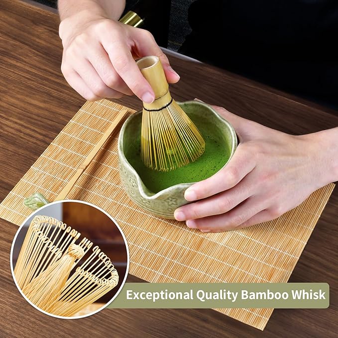 Matcha Whisk Set - Complete 8-Piece Japanese Tea Making Kit With Ceramic Bowl (Chawan), Bamboo Whisk (Chasen), Sifter, Scoop, Holder & Guide - Ideal Gift For Tea Enthusiasts (Mottled Green)