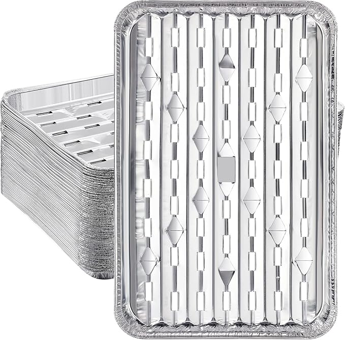 50 Pack Aluminum Grill Pans 9x13 Inch, Broiler Pans for Oven, Disposable Aluminum Grill Liners with Holes with Ribbed Bottom Surface for BBQ Foil Drip Roast Trays