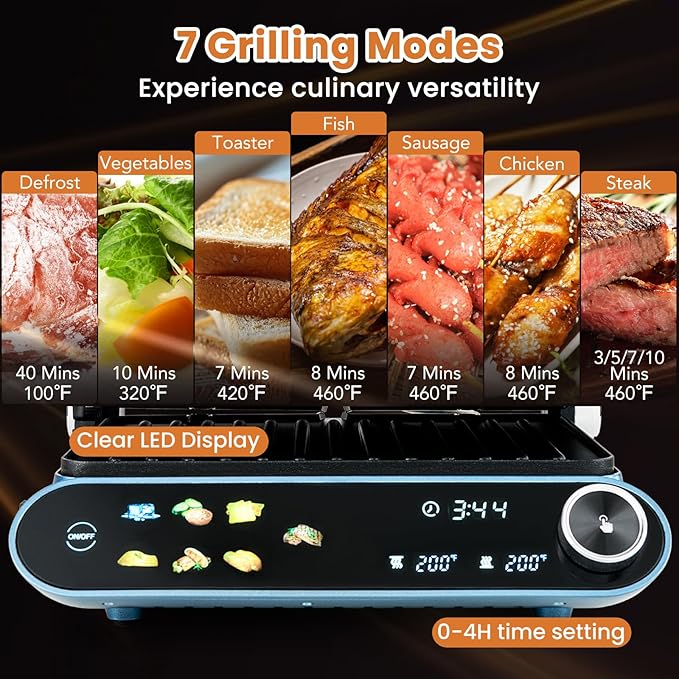 KOTEK Panini Grill Press Sandwich Maker, 3 In 1 Sandwich Press with Removable Non-Stick Plates & Drip Tray, Dishwasher Safe, 7 Cooking Modes, LED Touch Panel, Adjustable Temp, 1200W