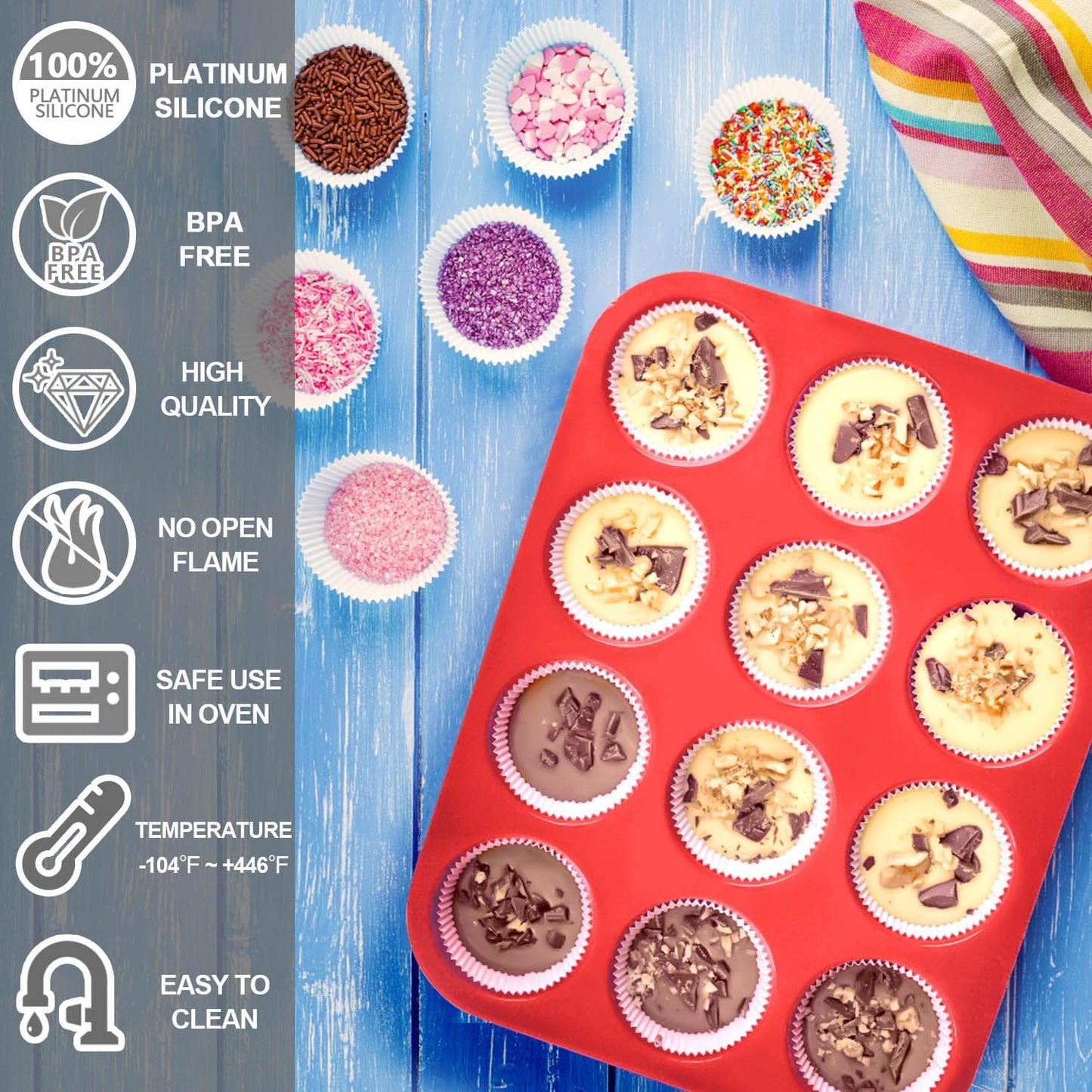Anaeat Silicone Muffin Pan - Regular 12 Cups Cupcake Tray, Non-Stick Silicone Baking Molds for Making Muffin Cakes, Cupcake, Chocolate, Bread,Tart and Desserts, Just Pop Out
