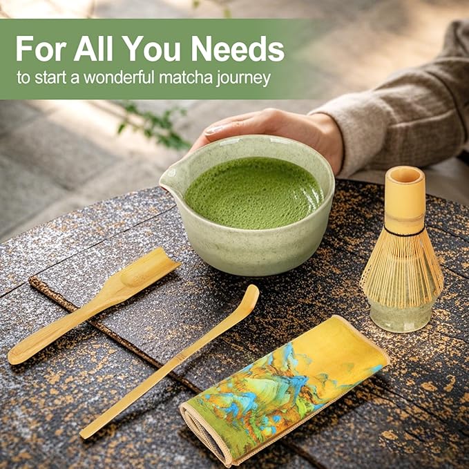 7 Pcs Matcha Whisk Set Kit, Includes Bowl, Bamboo Whisk and Holder, Bamboo Scoop, Scoop, Sifter and Tea Towel