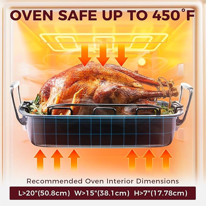 HONGBAKE Extra Large Turkey Roasting Pan with Rack (U-Shaped), 18.7×13.6 Inch Nonstick Roaster Pan for 25 lb Turkey & Chicken, Deep Turkey Tray for Oven, Wider Handles, 0.8 mm Heavy Duty Steel, Gray