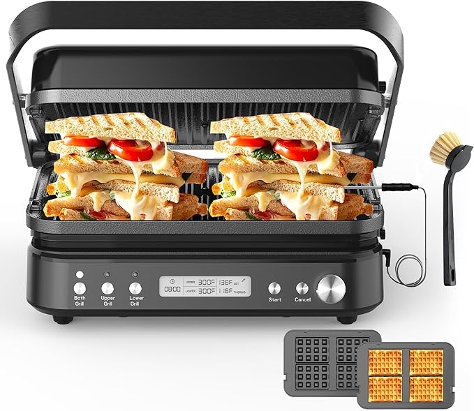 CATTLEMAN Panini Grill Press Sandwich Maker with Removable Plates, 6 in 1 Indoor Grill & Electric Griddle with Meat Thermometer, PFAS Free Ceramic Nonstick Reversible Plates, Opens Flat, 1600W