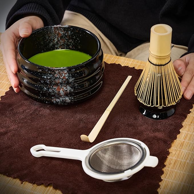 Sisher Matcha Tea Set,Matcha Making Kit (5pcs) Includes Matcha Bowl, Matcha Whisk and Holder, Bamboo Scoop, Scoop Rest and Sifter Matcha Bowl Set for Matcha Lovers (Black)
